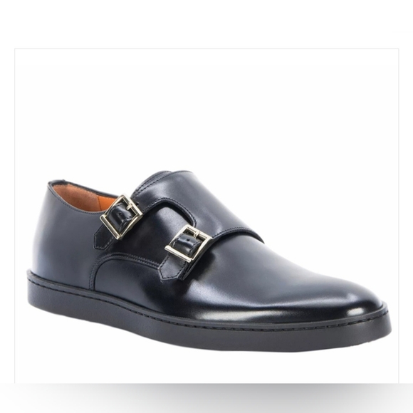 Santoni Double Monk Black Leather Loafers Slip-Ons US 9 - Picture 1 of 11